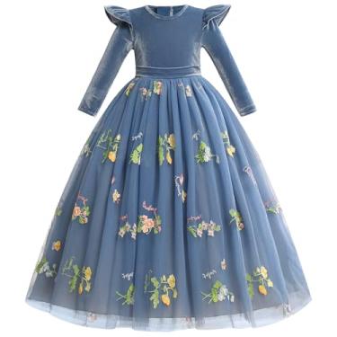 Imagem de IDOPIP Vestido tutu de veludo bordado para meninas, princesas, aniversário, concurso, casamento, roupas de outono e inverno, Azul, 11-12 Anos
