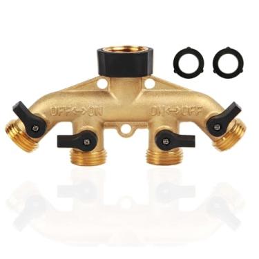 Imagem de Heavy Duty Brass Garden Hose Y Splitter Connect Faucet 4 Way, 3/4" Outlet Splitter, Hose Splitter, Hose Spigot Adapter with Shut-Off Valves for Outdoor Garden Irrigation Watering (4 Way Splitter)