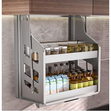 Imagem de Organizador de armário retrátil de 20 polegadas, cesta de elevação vertical para armários de parede, pairando à vontade, prateleira retrátil de armário de 2 camadas, adequada para armários de cozinha