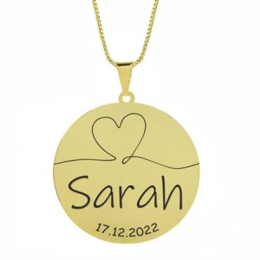 Imagem de Gargantilha Pingente Redondo Personalizado Coração Nome Sarah Banhado 