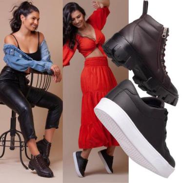 Imagem de Kit Coturno Feminino Marrom + Tênis Feminino Preto - Leve Para Uma Col