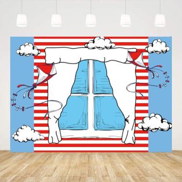 Imagem de Ticuenicoa Cenários de janela de desenho animado de 3 x 2 m para fotografia fundo de festa de aniversário infantil azul vermelho pipa listrada infantil chá de bebê pano de fundo de festa meninos