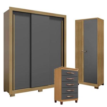 Imagem de Guarda Roupa Solteiro Nevoa Flex 3 Portas de Correr com Cômoda Cannes 5 Gavetas e Armário Multiuso Versatile Grafite - Incorplac