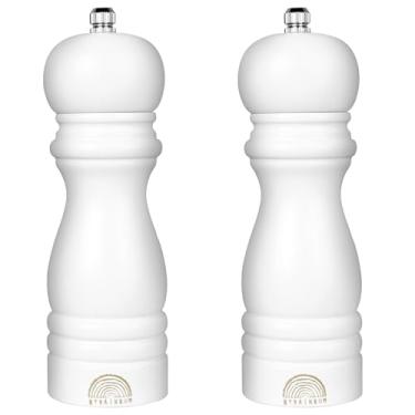 Imagem de Conjunto de moedor de sal e pimenta – Moedores de madeira ajustáveis, moedores de sal e pimenta brancos, saleiro e pimenteiro recarregáveis com grossura ajustável, 18 cm para cozinha (conjunto de 2)