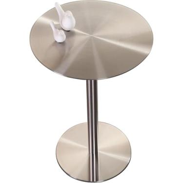 Imagem de Mesa redonda pequena de aço inoxidável, mesa de bar de coquetel, mesa de pub, mesa de café, mesa de jantar de altura, mesa de jantar de estilo moderno, mesa de canto de café da manhã, 50 x 50 x 75 cm