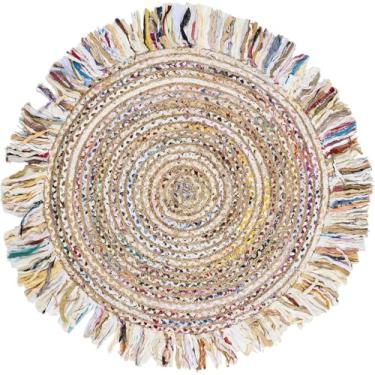 Imagem de DecorAvenue Tapete de área feito à mão de juta trançada boho e algodão ideal para áreas de alto tráfego na sala de estar e quarto (juta/algodão marfim, 1,8 m redondo)