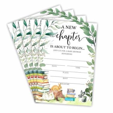 Imagem de 25 Convites de chá de bebê com envelopes, tema verde e livros - Convites de estilo preenchimento frente e verso para meninos e meninas, revelação de gênero, anúncio de bebê, decorações de festa - A04