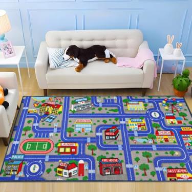 Imagem de Capslpad Tapete de carro azul para crianças, tapete para playoom, trânsito, estrada, tapete para crianças, antiderrapante, lavável, mapa da cidade, pista de corrida, tapete para quarto de crianças,
