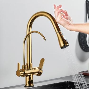 Imagem de Filtro de sensor de toque Torneira de cozinha Torneira de cozinha de latão com água pura Torneira misturadora retrátil Girar guindaste de água quente e fria Modo 2 vias, dourado