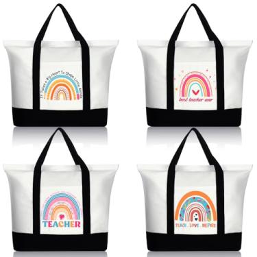Imagem de Mixweer 4 peças de presente de apreciação de professores bolsas de lona para professores sacolas de presente para professores para mulheres presentes de Natal material escolar (arco-íris fofo)