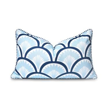 Imagem de Hofdeco Premium Capa de almofada lombar para pátio costeiro, ambientes internos e externos, 30,5 x 50,8 cm, repelente de água para quintal, sofá, azul bebê, azul marinho, palmeira tropical Ravenala