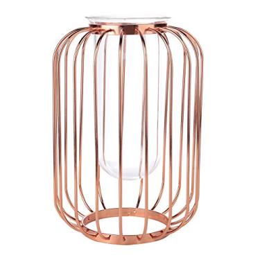 Imagem de Nordic Lantern Shaped Ferro Forjado Vaso Com Glass Insert - Elegant Tabletop Flower Vase para Casa e Decoração do Casamento-Hidropônico Terrarium Centerpiece (Ouro rosa)