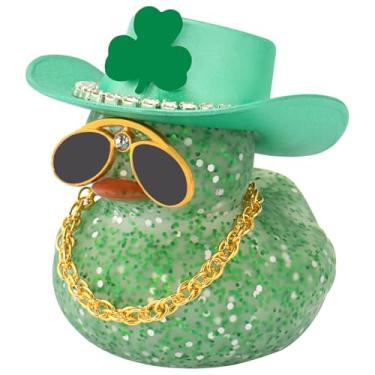 Imagem de wonuu Pato de borracha para carro de Dia de São Patrício, decorações de painel, chapéu de trevos verdes, pato para enfeites de carro, acessórios de patos (chapéu de diamante, corrente dourada, pato