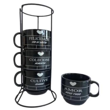 Imagem de Jogo 4 Xícaras Torre com Mensagens e Suporte Aramado - Casa do Japones