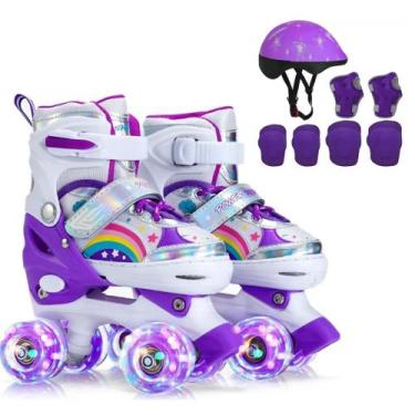 Imagem de Patins Infantil 4 Rodas ARCO IRIS Com Led Com Kit Proteção Menina Meni
