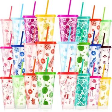 Imagem de Cholemy 48 copos de plástico havaianos de 680 g copos de luau a granel com canudo e tampa, 12 copos reutilizáveis de viagem de verão para lembrancinhas de festa no Havaí, suprimentos de festa Luau