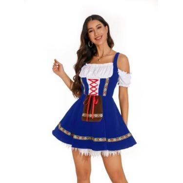 Imagem de Khanda Fantasia Oktoberfest feminina de veludo com ombros de fora, vestido de Oktoberfest alemão para o Carnaval de Halloween e festival de outubro (azul, grande)