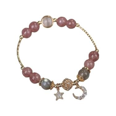 Imagem de Progresssail Pulseira de estrela e lua, pulseiras de cristal com contas de 8 mm para mulheres, opala esmaltada, pulseira moderna de pedra da lua, pulseiras de pedra rosa para mulheres, One Size,
