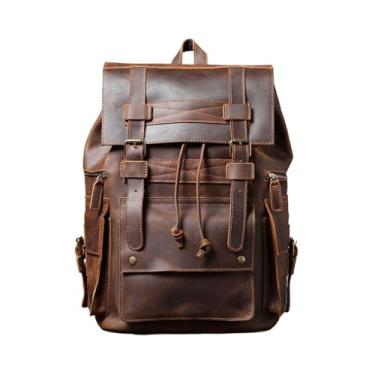 Imagem de Mochila masculina de couro genuíno, mochila vintage de grande capacidade, bolsa de viagem retrô para homens(Dark brown)