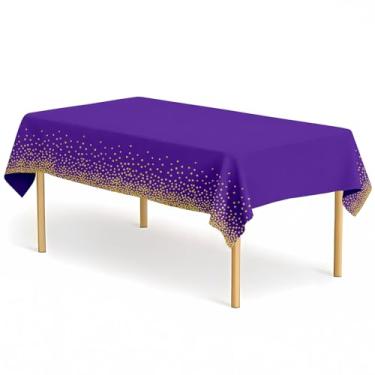 Imagem de CINSOEN Pacote com 2 toalhas de mesa retangulares roxas e douradas, 137 x 272 cm, toalhas de mesa de plástico roxo PEVA para festas, toalha de mesa descartável para formatura, festa de aniversário