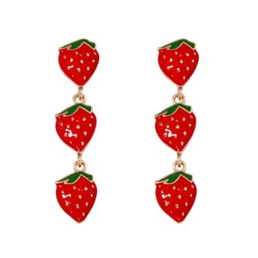 Imagem de QIAOLEHUI Brincos femininos engraçados de três camadas com pingente de morango, fofo, vermelho, esmaltado, fruta, morango, joia de verão, Large, Liga de aço, Sem pedra preciosa