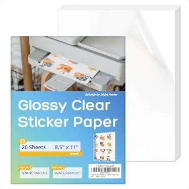 Imagem de THEBLUETOUCH Papel adesivo de vinil transparente imprimível para impressora a jato de tinta - 20 folhas de papel adesivo transparente de 20 folhas para adesivos personalizados, etiquetas, decalques.