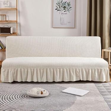 Imagem de Capa de futon sem braços com saia de babados, sofá-cama futon altamente elástica(Beige,Large (190-210cm))