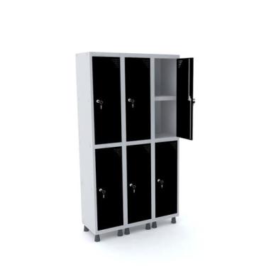 Imagem de Roupeiro de aço 3m 06 portas c/ prat. fechadura pandin - cinza/preto