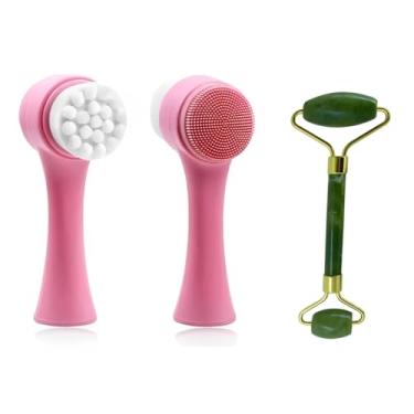 Imagem de Kit Rolo de Jade massagem facial + Escovas de Limpeza Facial 2 em 1 Skin Care