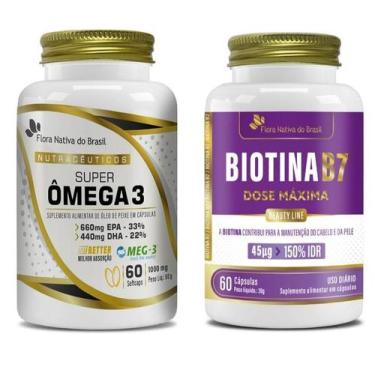 Imagem de Kit de Suplementos Ômega 3, Biotina 500mg 60 cápsulas Flora Nativa