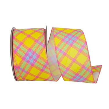 Imagem de Reliant Ribbon Fita xadrez diagonal brilhante de linho com fio, amarelo/fúcsia