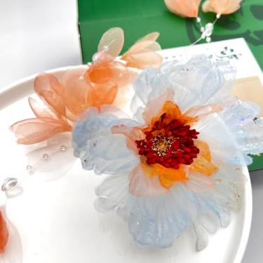 Imagem de Cayyoomm Grampo de cabelo bico de pato com fio de seda laranja e azul de 15 cm e peônia e borboleta rosa feito à mão para Hanfu chinês (azul rosa)