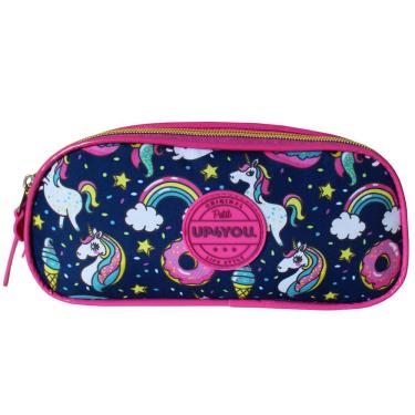 Imagem de Estojo Escolar Duplo Unicórnio Up4You Feminino Azul Escuro