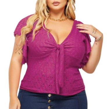 Imagem de Blusa Plus Size Feminina Gola V Amarração Manga Laise Renda de Malha -