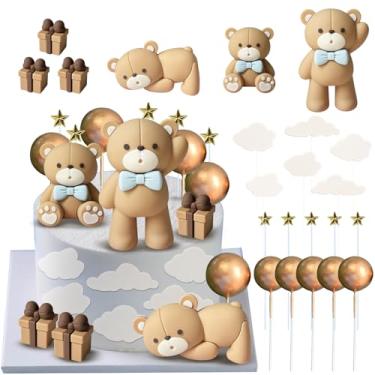 Imagem de JIUDUOYUAN Bear Cake Toppers Mini Bear Cake Decorations Cake Toppers Cloud Box Star Gold Ball for Baby Shower Birthday Party Decorations（Cute Brown Blue Style）