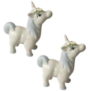 Imagem de Jogo C/2 Pçs -Escultura Par de Cavalinho Unicórnio c/ Flores - Porcelana Fina.