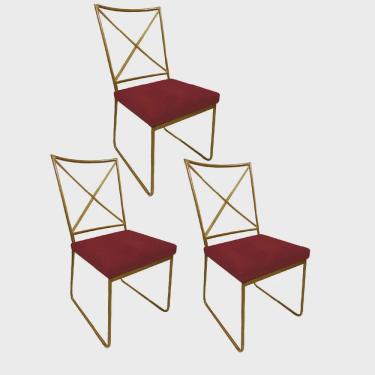 Imagem de Kit 03 Cadeiras Sala de Jantar Escritório Office Clark Industrial Ferro Dourado Corino Vermelho - Ahz Móveis