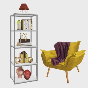 Imagem de Kit Poltrona Fatte com Manta Soft Bordô e Estante Livreiro Ferro Cinza mdf Branco Suede Amarelo - Ahz Móveis