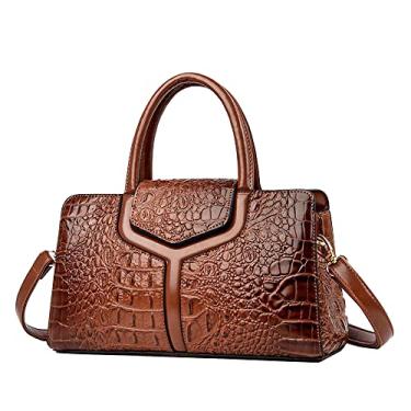 Imagem de ZiMing Bolsas femininas com alça superior, padrão de crocodilo, bolsas de couro sintético, bolsas com zíper e aba, bolsa de ombro, Marrom, One Size