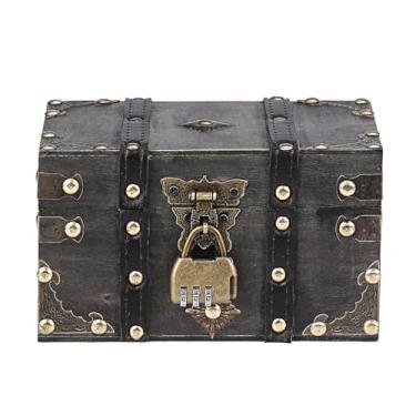 Imagem de ELLDOO Baú de tesouro de madeira com cadeado, caixa de lembranças vintage de pirata para presentes infantis, caixa decorativa de armazenamento de tesouros feita à mão para joias e moedas colecionáveis