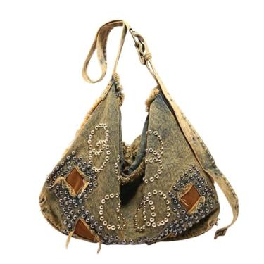 Imagem de GJHFCXSO Bolsa de Ombro Feminina Estilo Y2k Estilo Retrô Jeans Grande Capacidade Bolsa Tote com Rebites Desgastados Estilo Punk Bolsa Transversal da Moda,Retro yellow