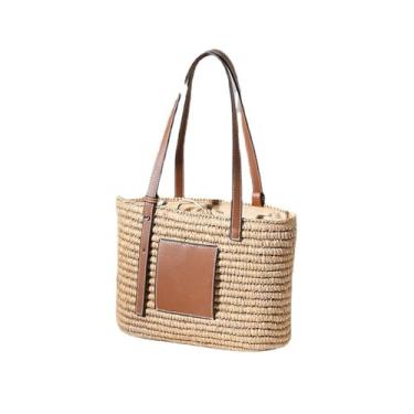 Imagem de SHESRA Bolsa de palha boêmia, sacola feita à mão, bolsas femininas para férias de verão retrô, praia, viagem, combinação diária 132, Caqui, Large