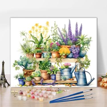 Imagem de Rebotipy Pintura por números para adultos iniciantes cena de jardim com vários equipamentos de jardinagem, vasos de flores e flores desabrochando DIY kits de pintura por números em tela, 40,6 x 50,8