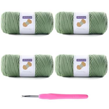 Imagem de Pacote com 4 fios de camisetas para crochê, camisetas elásticas, fios de tricô espaguete, comprimento total, 260 metros para sacos de crochê, decoração de casa, com 1 agulha de crochê (4 - verde