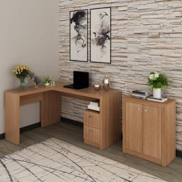 Imagem de Mesa Escritório de Canto 2 Gavetas com Armário de 2 Portas Amêndoa - T