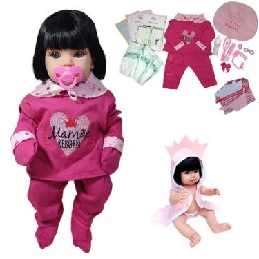 Imagem de Boneca Bebê Mamãe Reborn Silicone Bolsa + 28 Itens Rosa Pink