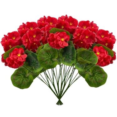 Imagem de 6 peças de gerânios artificiais para ambientes externos, flores falsas resistentes a UV, gerânio de seda realista e vibrante para mesa de cozinha em casa, decoração de primavera, flores artificiais