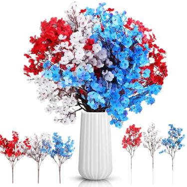 Imagem de 6 Palhetas patrióticas vermelhas, azuis, brancas, para decoração do Dia da Independência, hastes falsas do hálito do bebê, Dia da Independência, Arranjo floral para o Dia dos Veteranos, decoração de