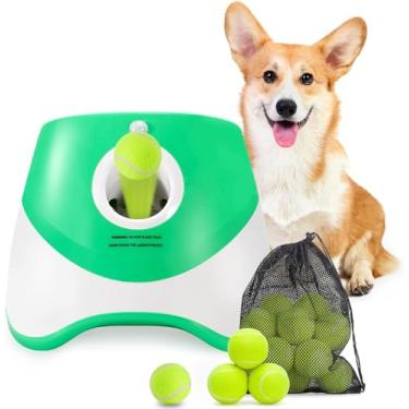 Imagem de Lançador automático de bolas para cães, lançador de bolas para cães com 15 mini bolas de tênis de 5 cm e bolsa de malha, lançador de bola de tênis interativo para cães pequenos com 3 configurações de