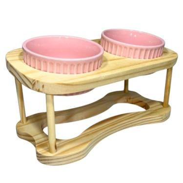 Imagem de Comedouro Bebedouro Duplo Elevado Para Caes Cachorros E Gatos 320ML Branco Verde Rosa(Rosa)